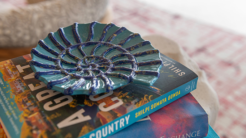 a blue and green plate on a book