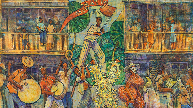 a painting of a group of people in a street