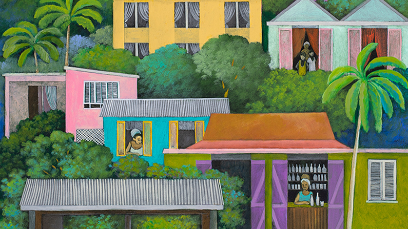 a painting of a colorful village