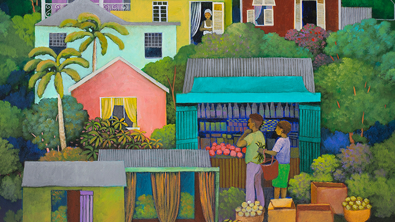 a painting of people standing in a market