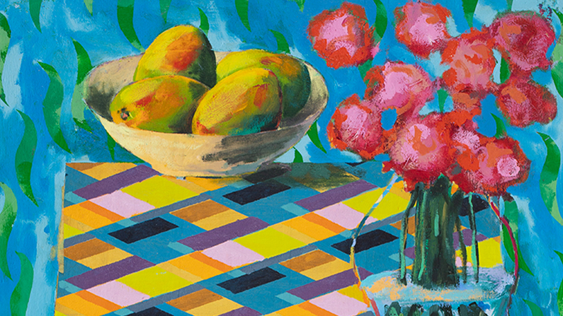 a painting of fruit in a bowl next to a vase of flowers