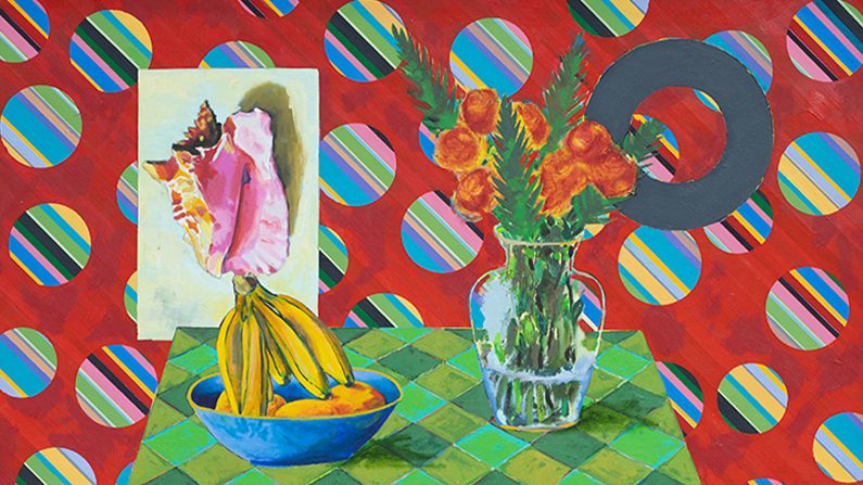 a painting of flowers in a vase and a bowl of bananas