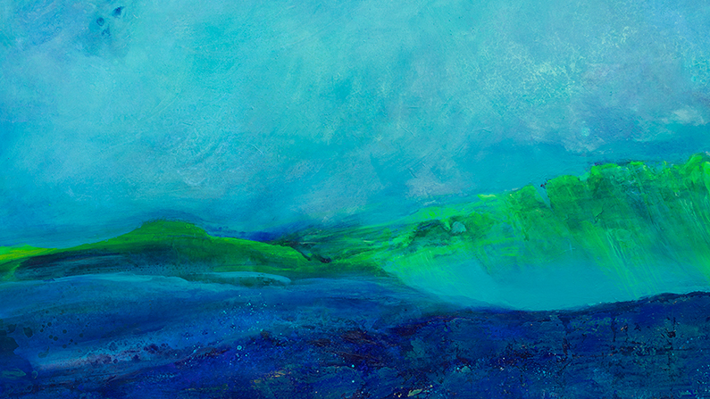 a painting of a green and blue landscape