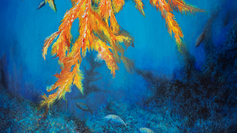 a painting of orange and yellow leaves and fish swimming in blue water