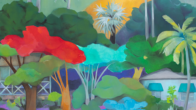 a painting of trees and a house