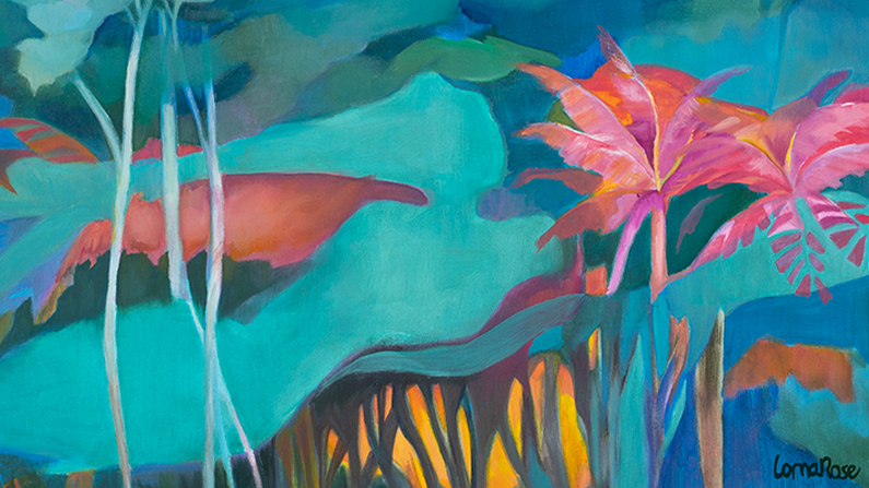 a painting of a pink and blue tree
