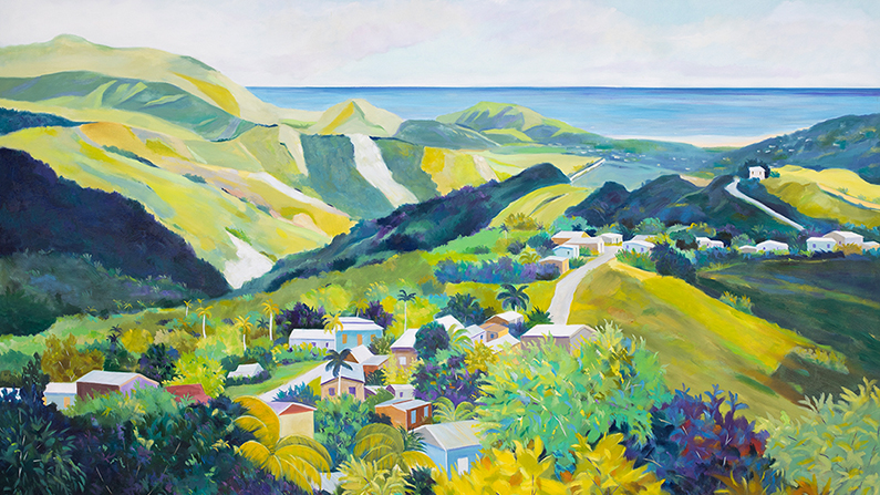 a painting of a village in a valley with hills and ocean