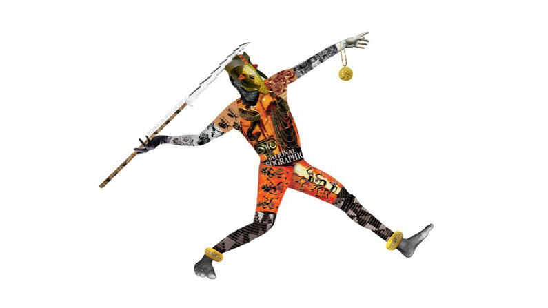 a person in a garment with a spear