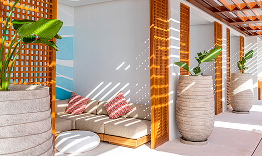 a couch and potted plants in a room