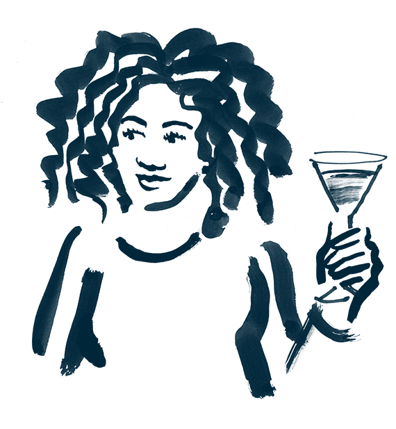a drawing of a woman holding a glass