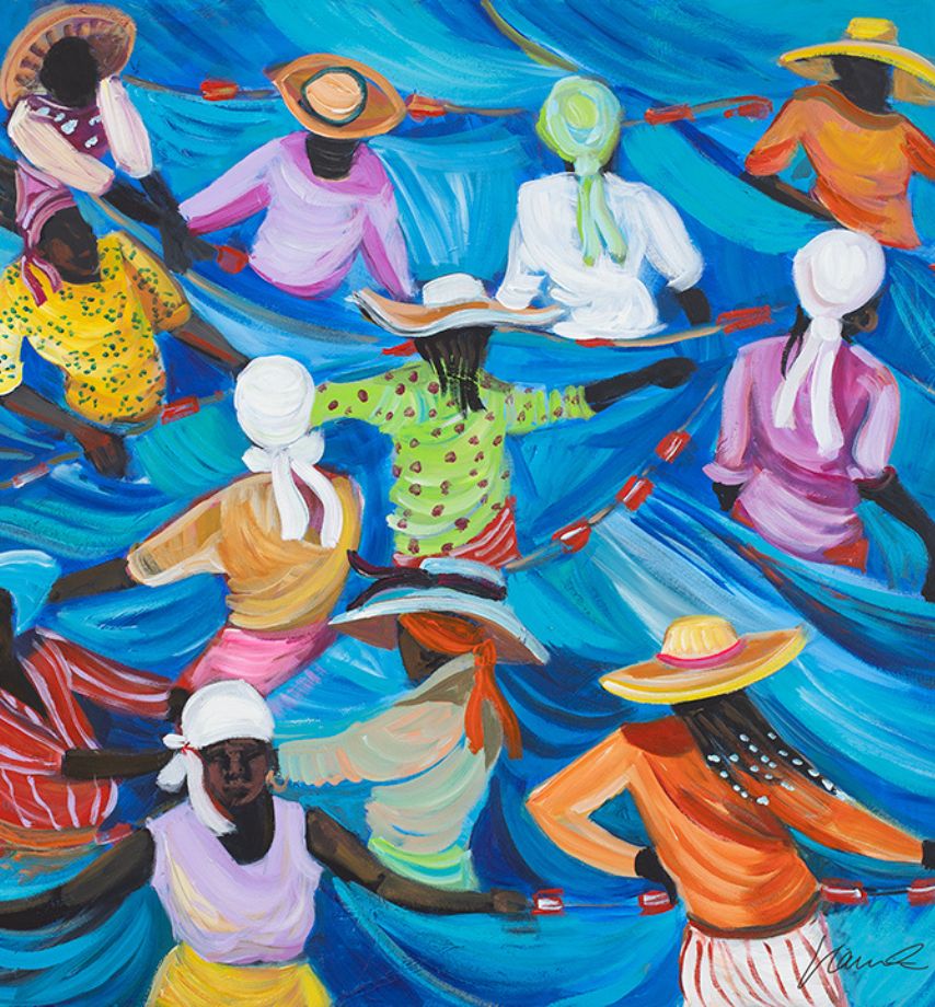 a painting of women in hats