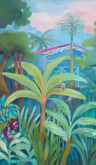 a painting of a tropical garden