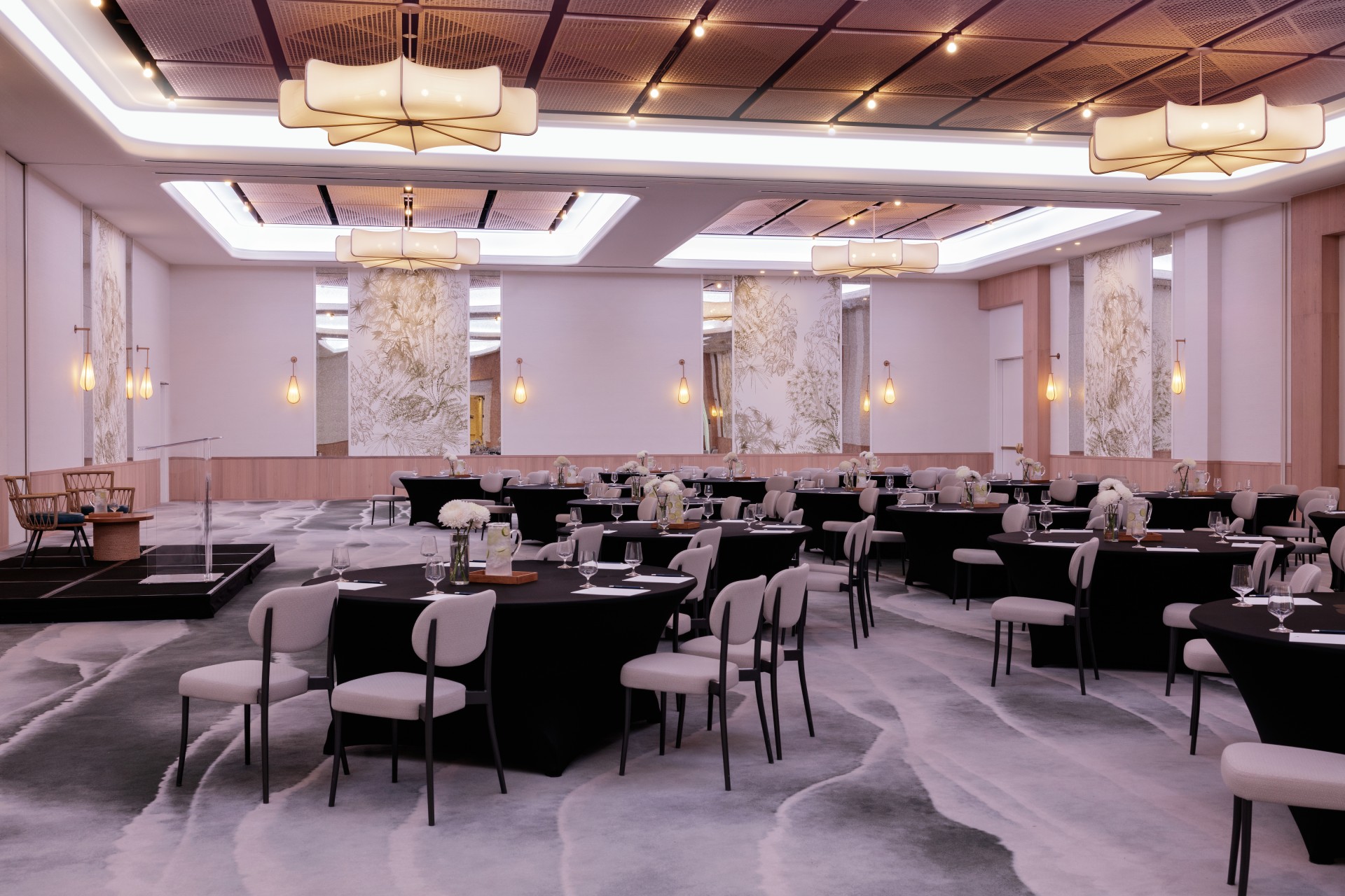 a room with tables and chairs