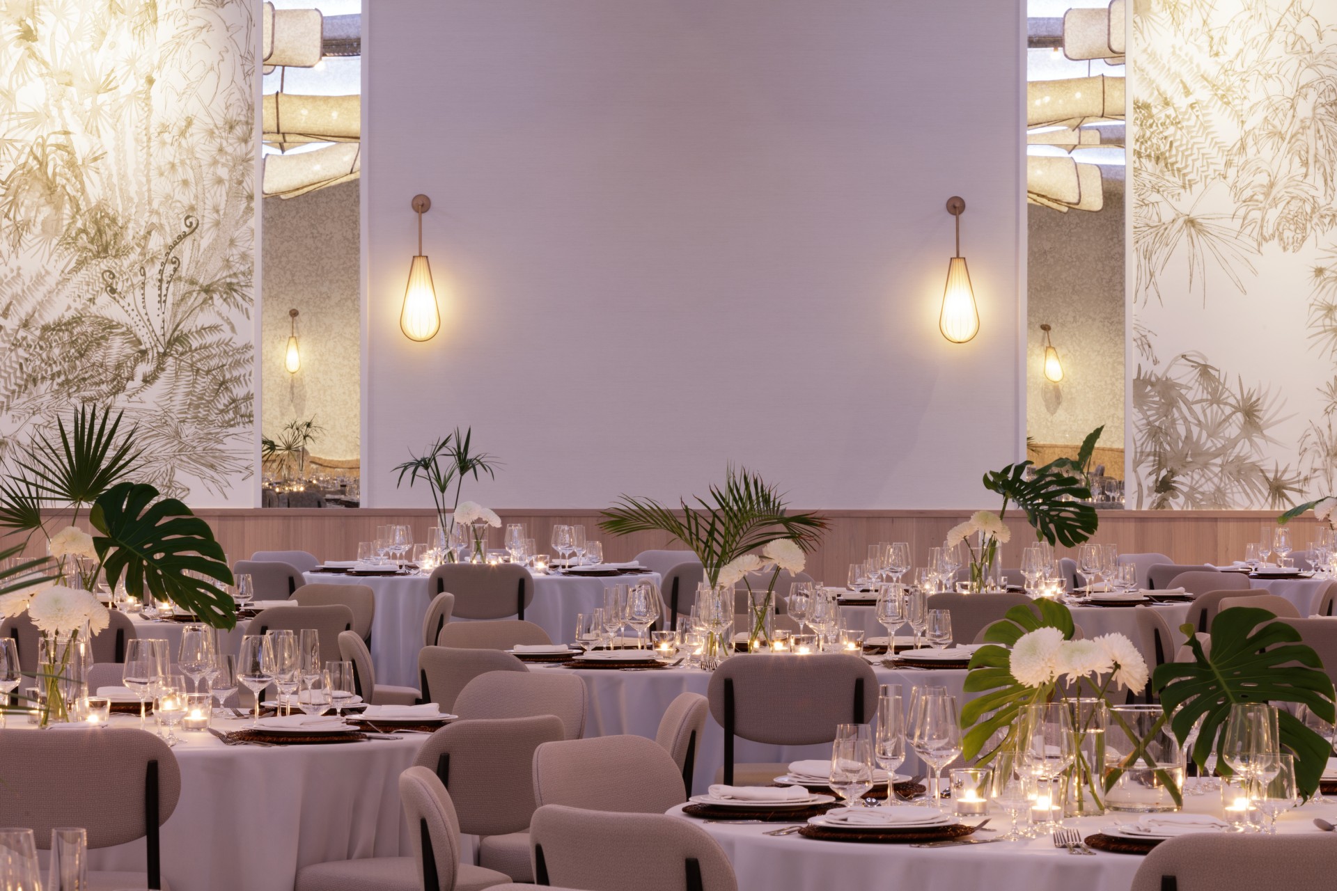 a large room with tables and chairs