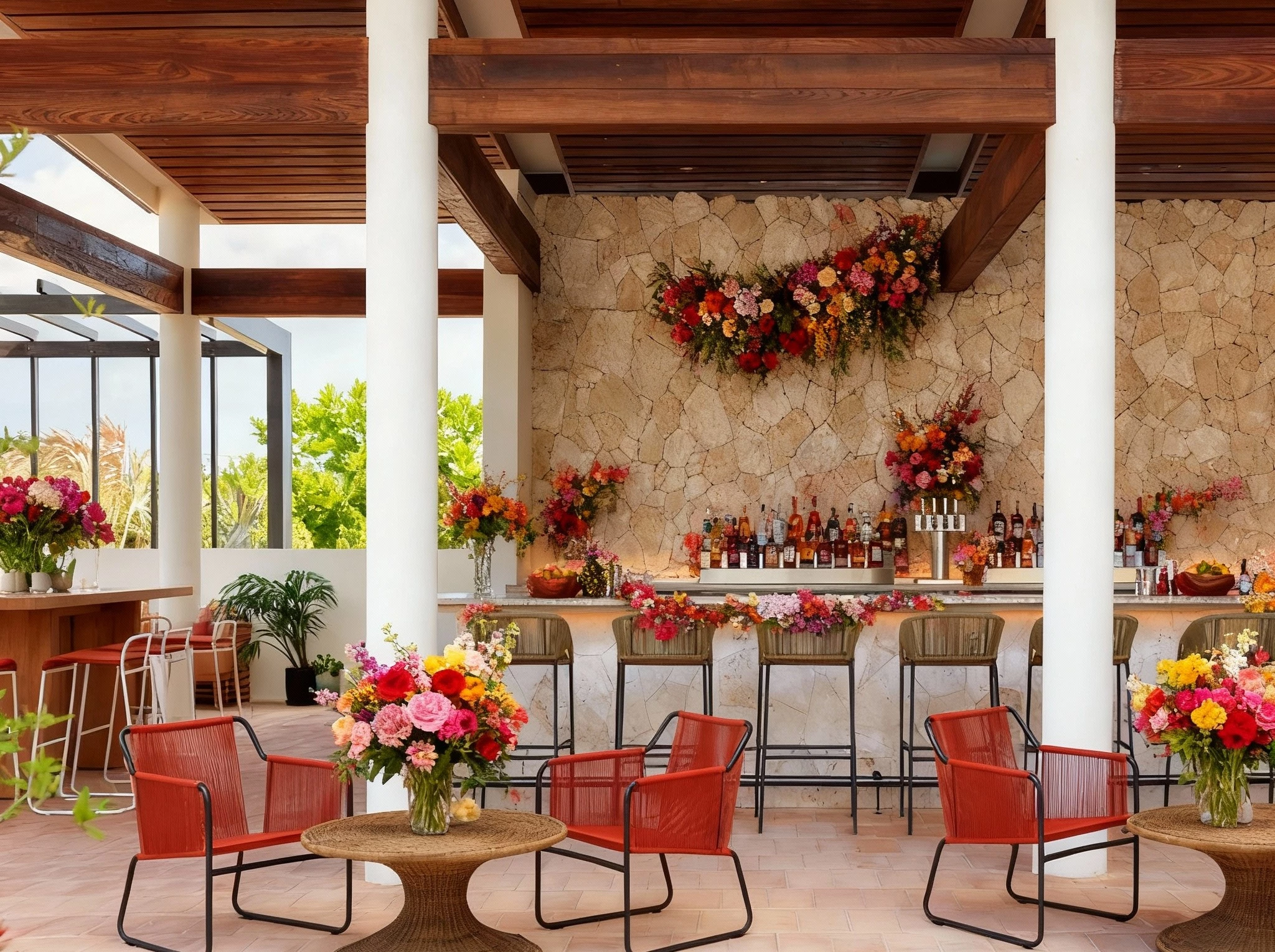 a patio with chairs and tables and a bar
