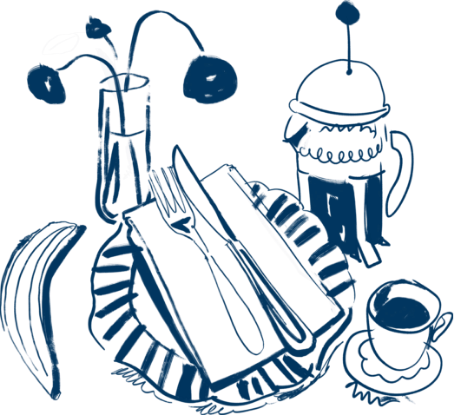 a drawing of a banana and a cup of coffee