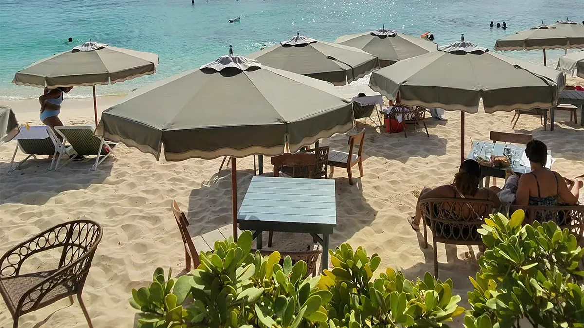 a group of umbrellas on a beach