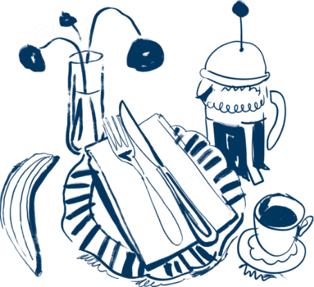 a drawing of a banana and a cup of coffee