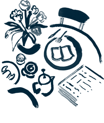 a drawing of a table with a chair and a vase of flowers