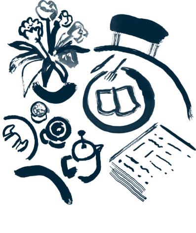 a drawing of a table with a chair and a vase of flowers