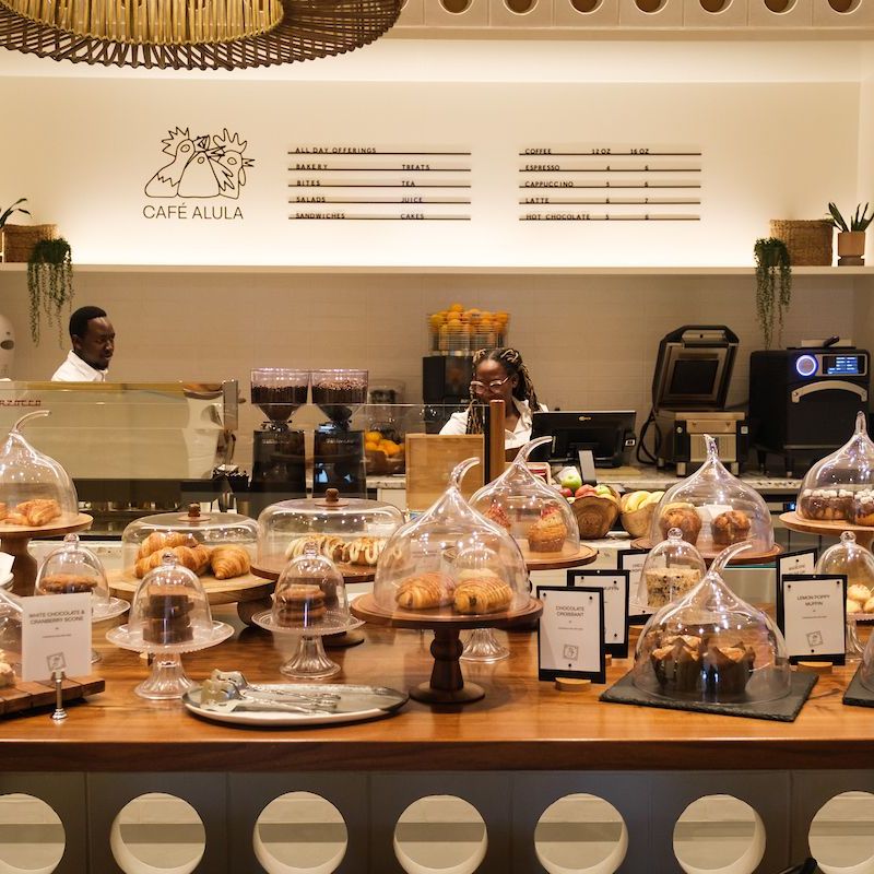 a counter with pastries and pastries on it