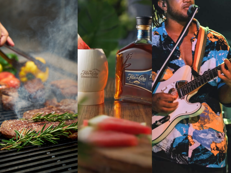a collage of a man playing guitar and a barbecue