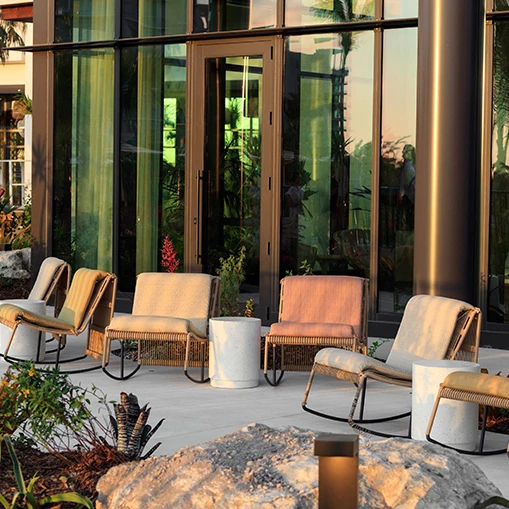 a group of chairs outside a building