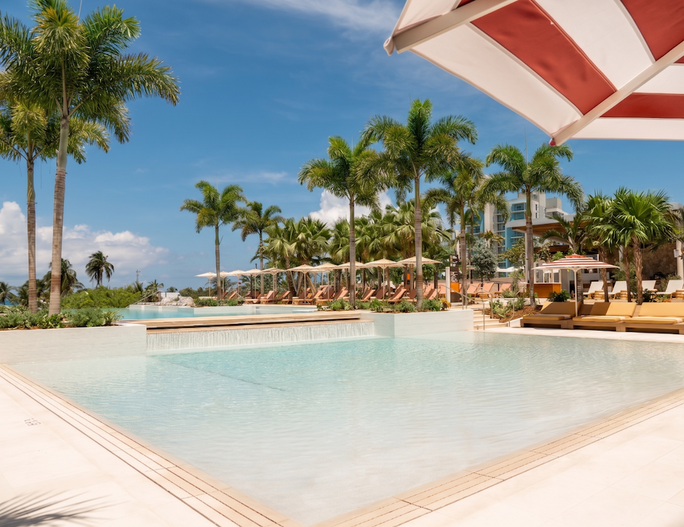 a pool with palm trees and umbrellas