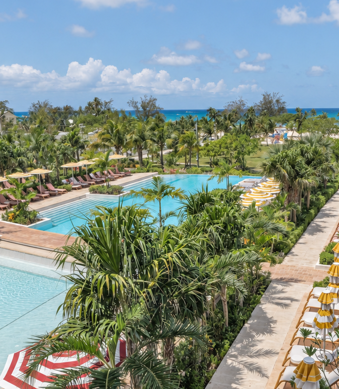 a pool with umbrellas and chairs and palm trees