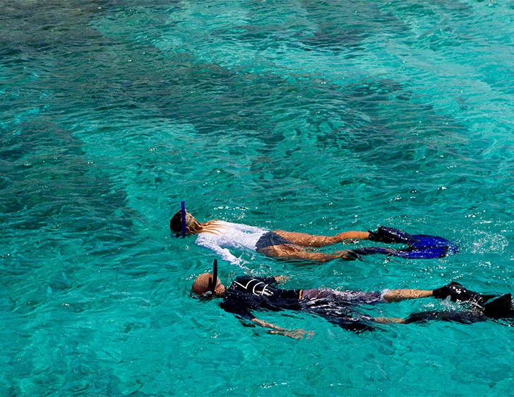 a couple of people snorkeling in clear water