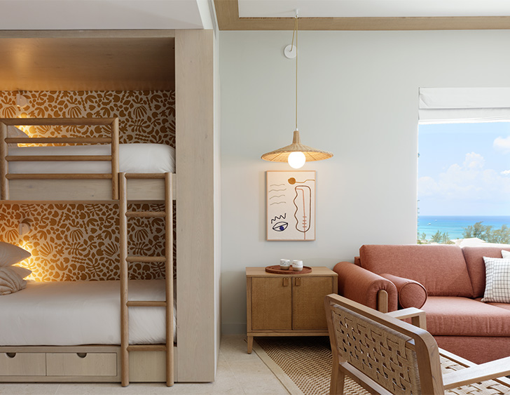 a room with a bunk bed and a couch