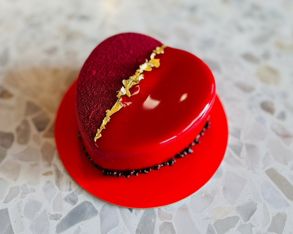 a red heart shaped cake