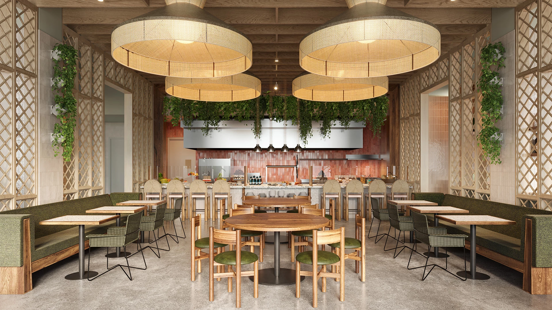 a room with tables and chairs and large lights