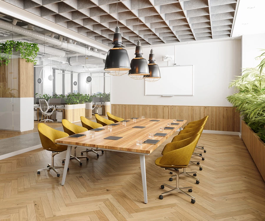 a table with chairs and a light above