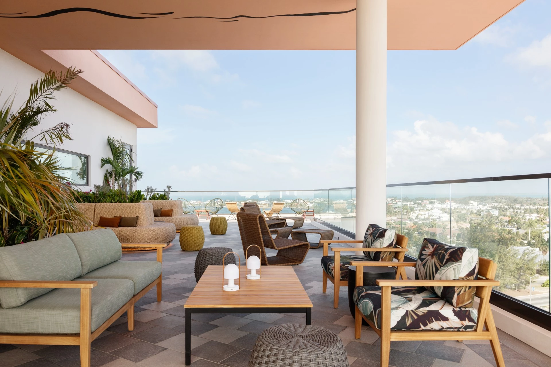 a patio with chairs and tables