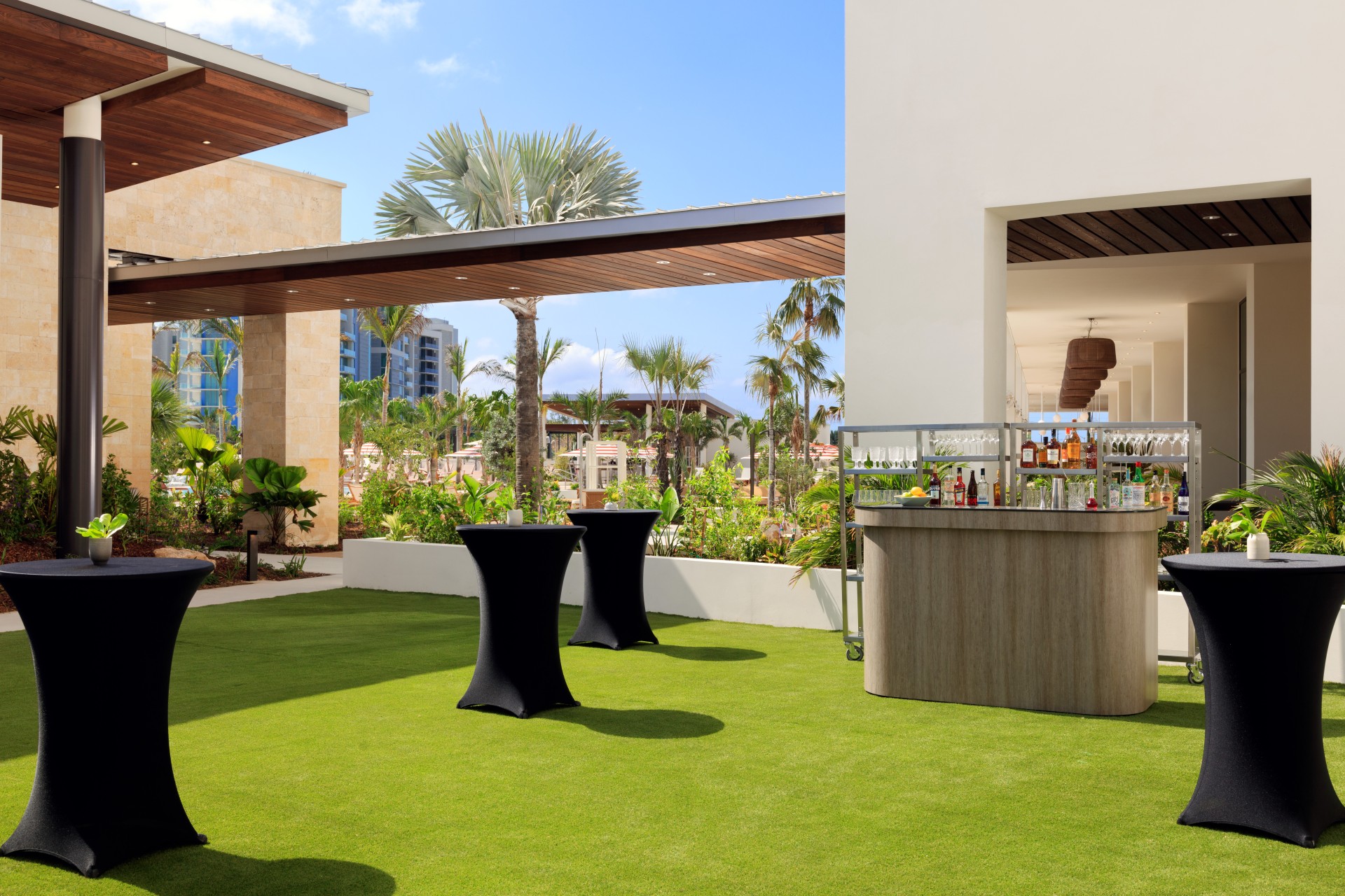 a bar on a green lawn