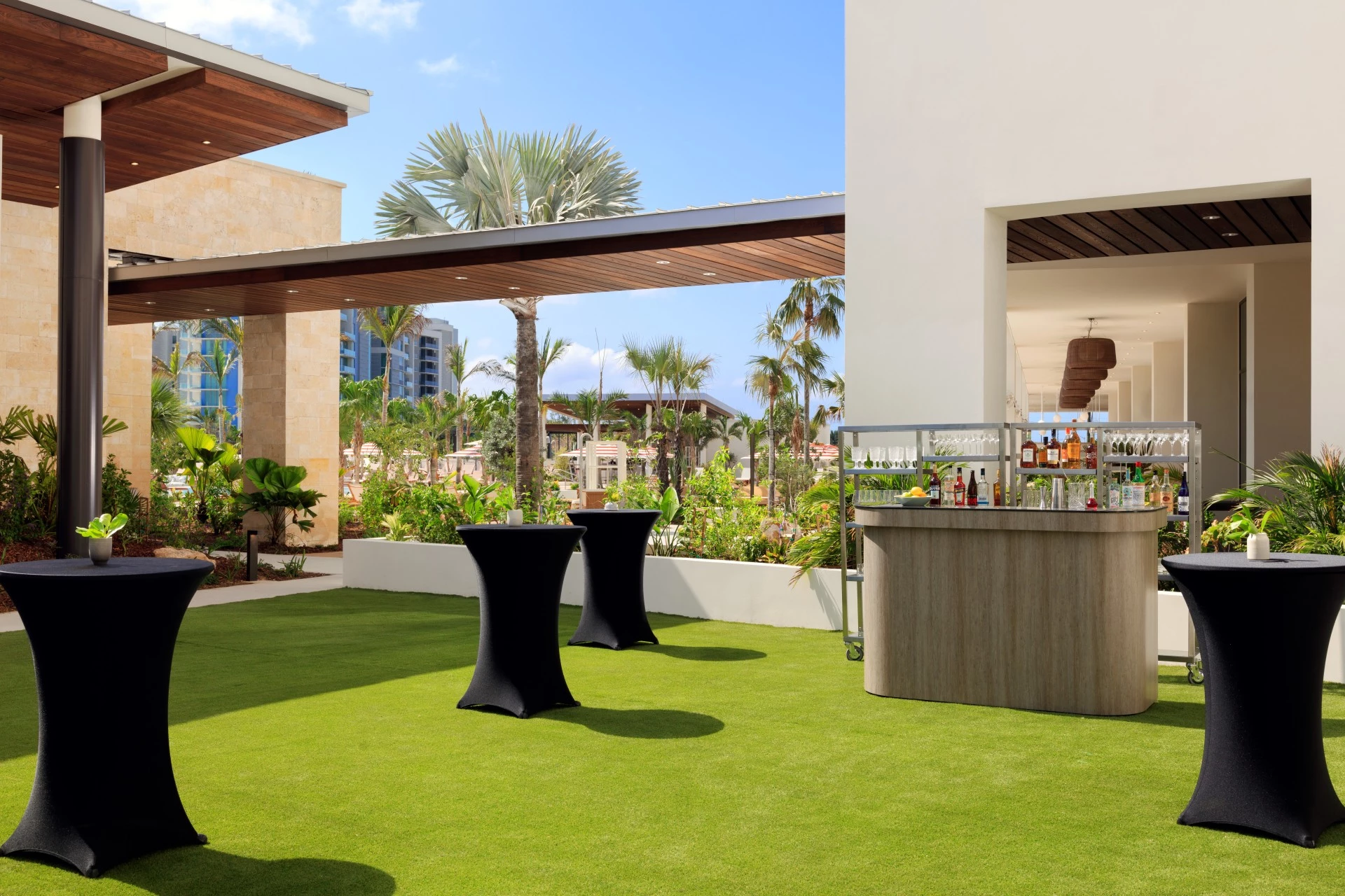 a bar on a green lawn