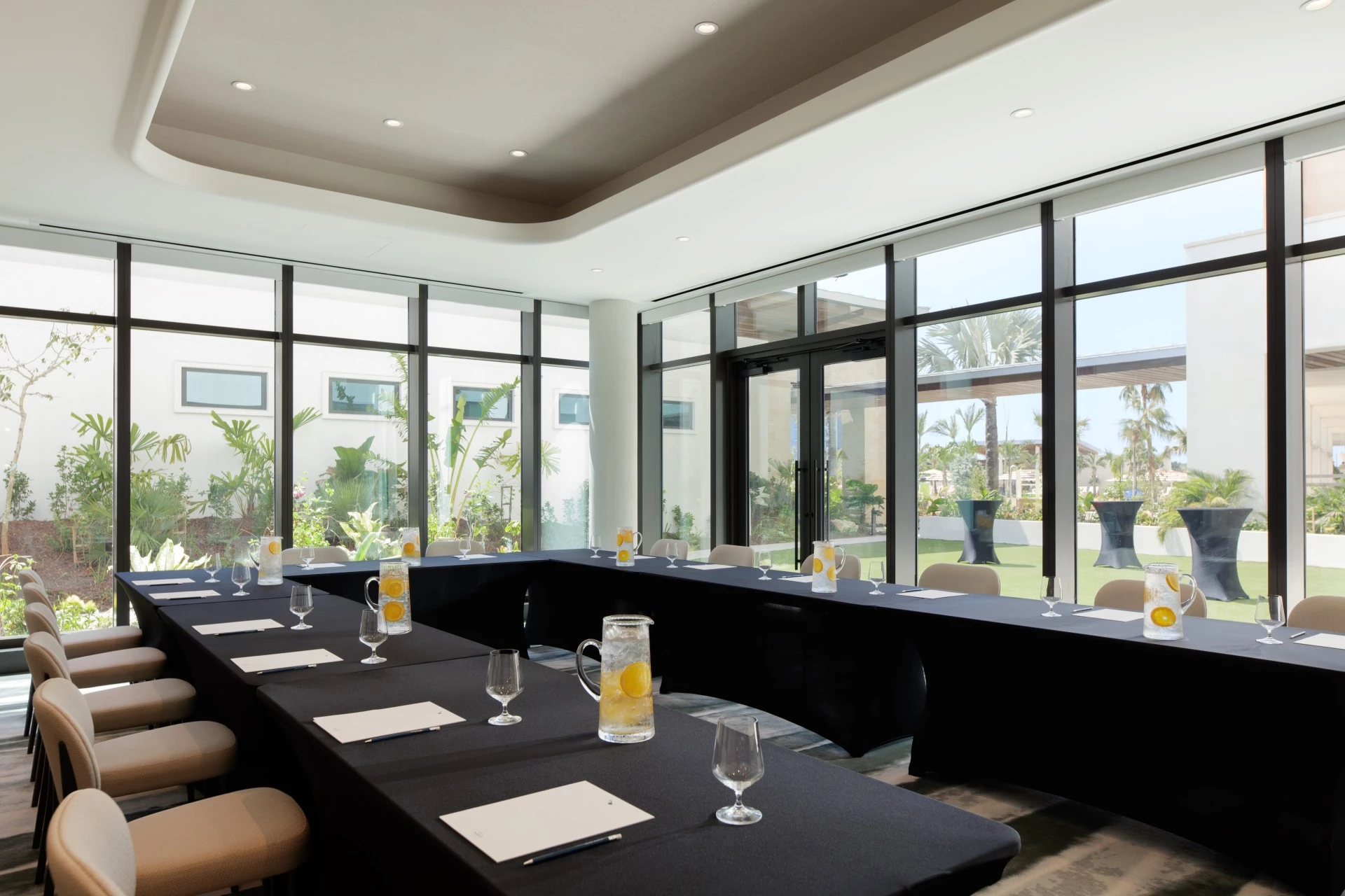 a room with tables and chairs