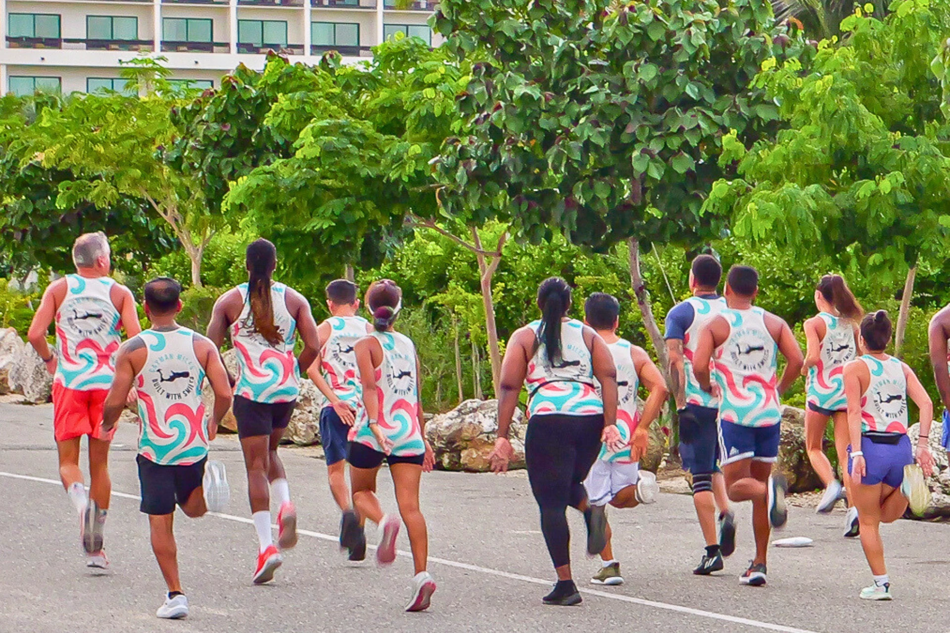 a group of people running