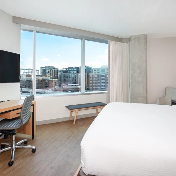 a room with a bed and a desk and a television