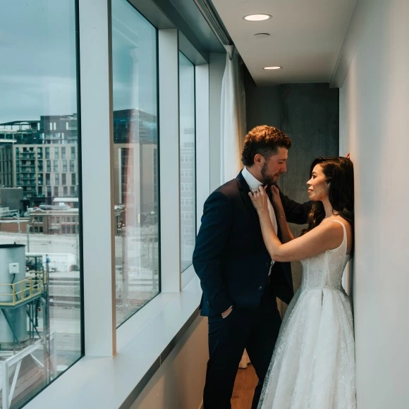 a man and woman in a wedding dress
