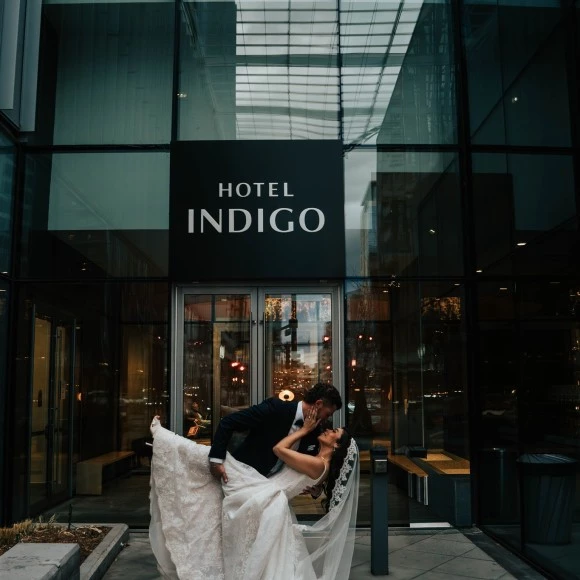 a man and woman in wedding dress