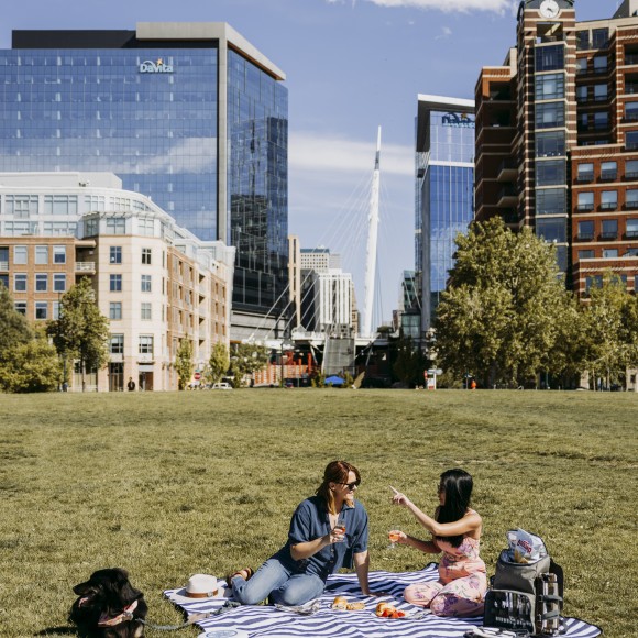 a man and woman sitting on a blanket in a park with a dog