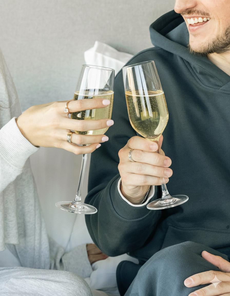 a couple holding champagne glasses