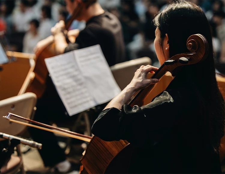 a group of people playing cellos