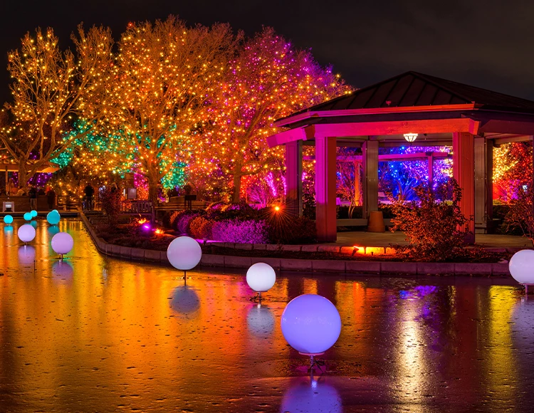 a gazebo with lights on it