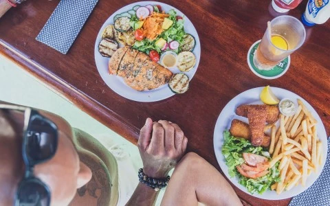 a person sitting at a table with plates of food