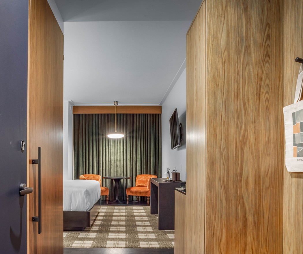 a room with a bed and a table