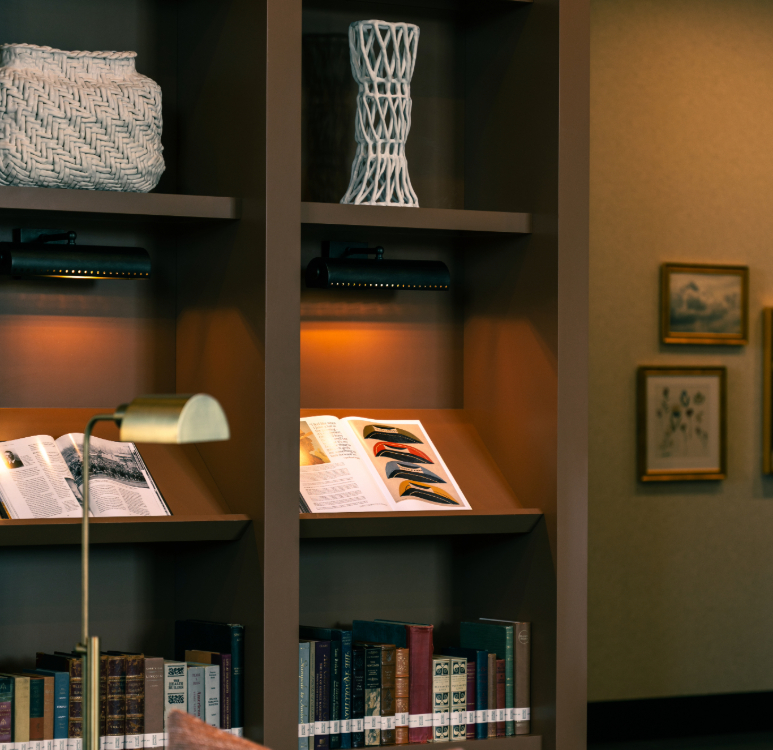 a bookshelf with a lamp and a book