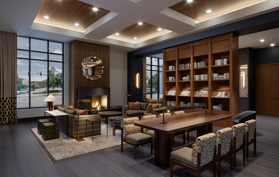 a room with a fireplace and a table